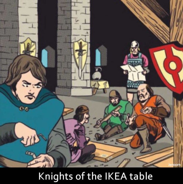 "Knights of the Ikea Table"  King Arthur and his knights grapple with Allen keys